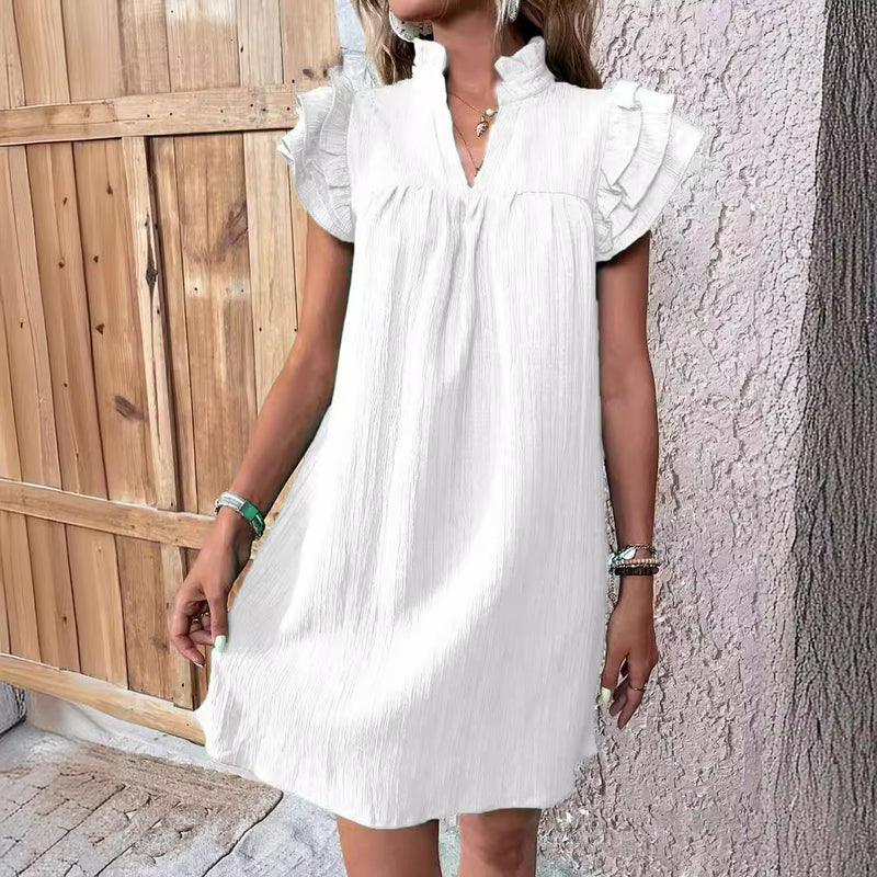 ruffle sleeve v-neck dress, view 3 - MRSLM