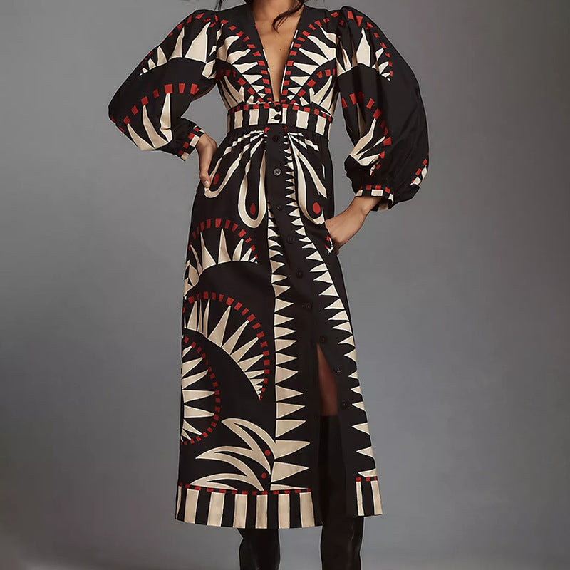 v-neck floral long dress, view 2 - MRSLM