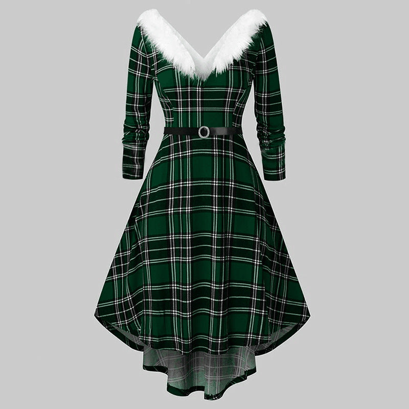 christmas plaid v-neck dress, view 6 - MRSLM