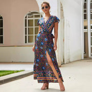 v-neck split bohemian print dress - MRSLM