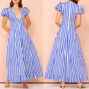 women's striped puff sleeve dress, view 2 - MRSLM