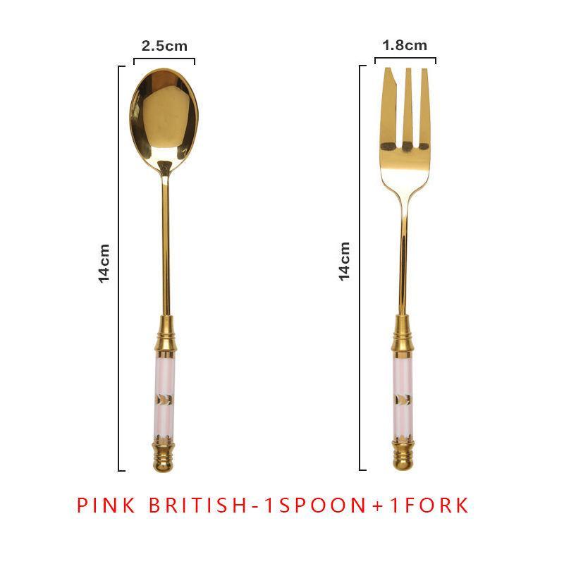 vintage gold ceramic dessert fork and spoon set, view 7 - MRSLM
