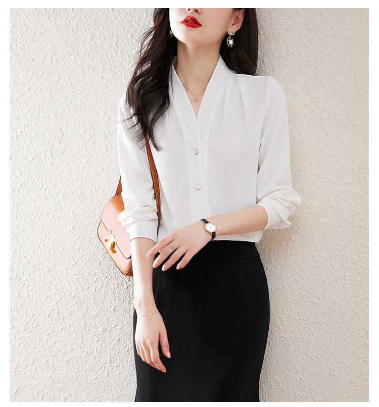 women's long sleeve v-neck loose shirt, view 5 - MRSLM