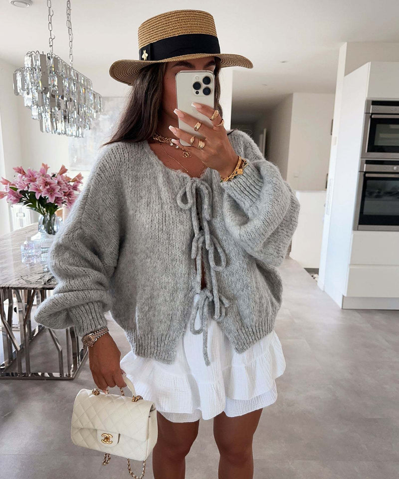 women's knitted lace-up bow cardigan, view 5 - MRSLM