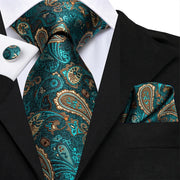 dark green paisley silk tie set with hanky and cufflinks, view 2 - MRSLM