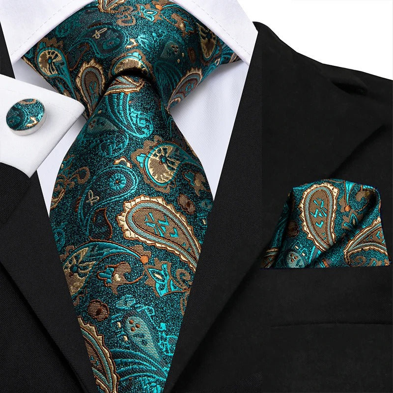 dark green paisley silk tie set with hanky and cufflinks, view 2 - MRSLM