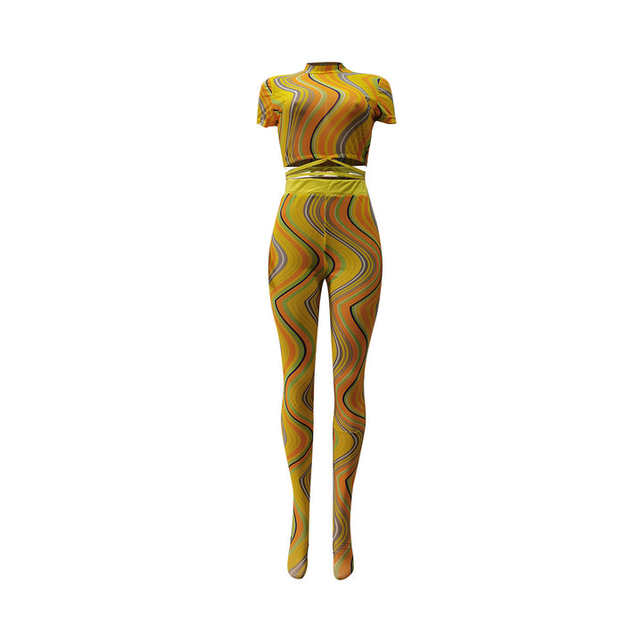 Printed Lace Up Body Stocking Casual Suit Tie-dye Waist Tether Short Sleeve Mesh Pantyhose