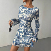 printed flare sleeve backless mesh dress - MRSLM