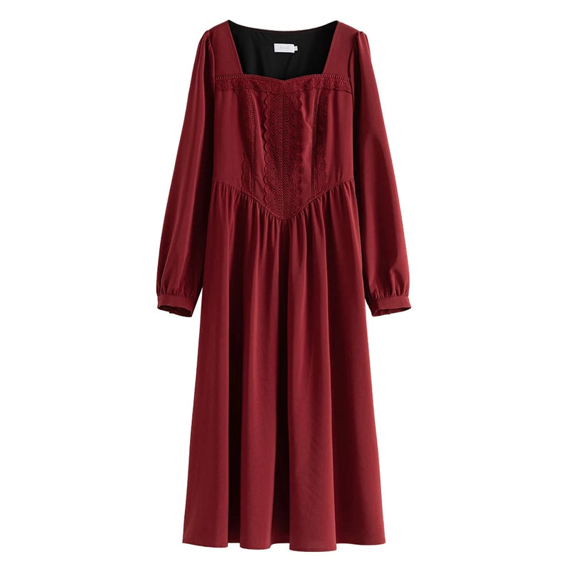 retro red long sleeve square neck dress, view 6 - MRSLM