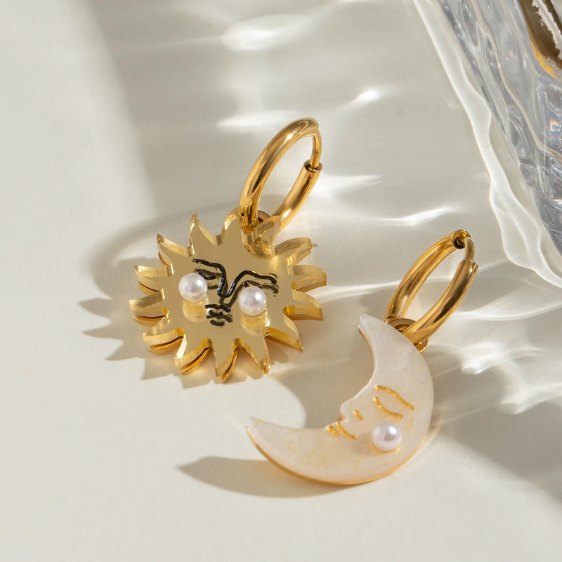 sun and moon shell pearl hoop earrings, view 4 - MRSLM