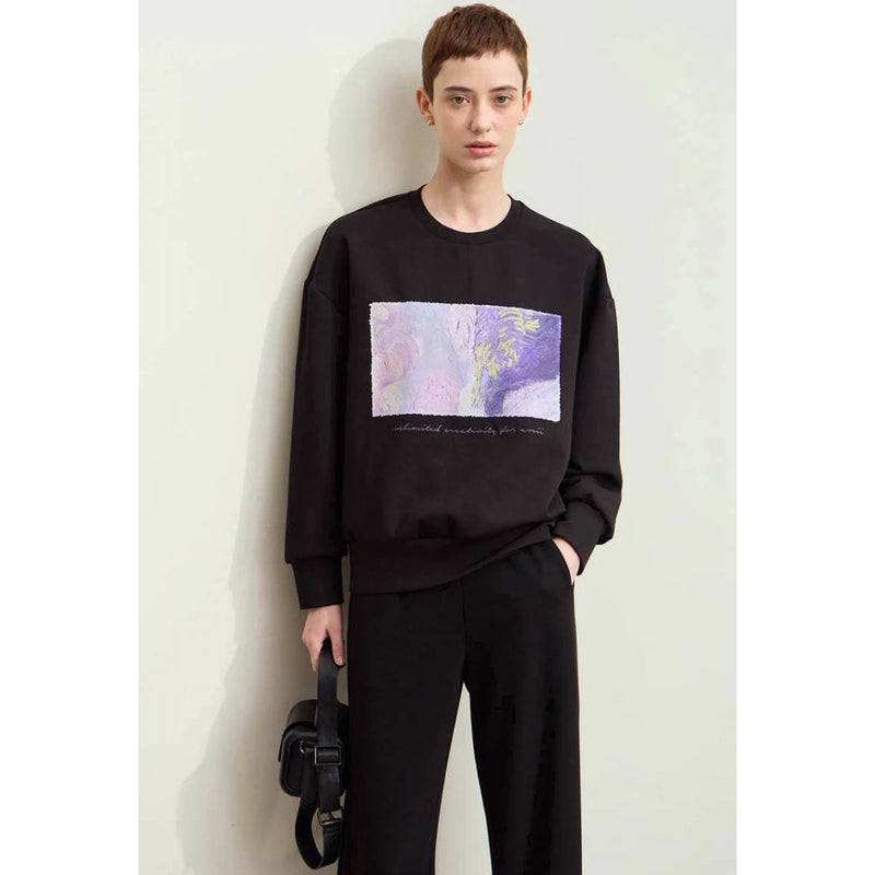 minimalist abstract print embroidered pullover sweatshirt, view 4 - MRSLM