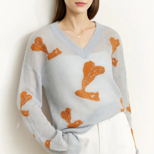 women's v-neck jacquard loose sweater - MRSLM