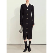 retro lapel knitted dress with metal buckle, view 4 - MRSLM