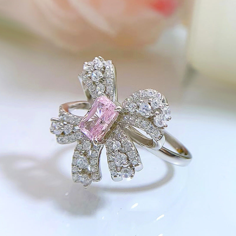 pink bow simulated diamond silver ring, view 10 - MRSLM