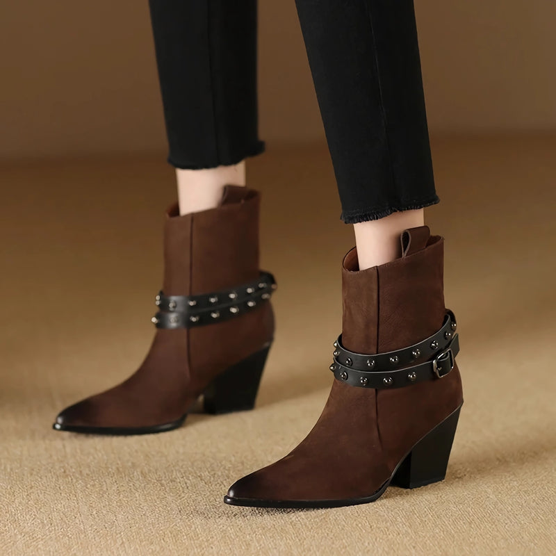 pointed toe chunky heel leather boots for women - MRSLM