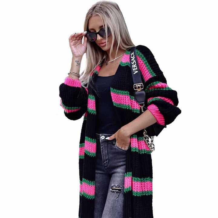 Striped Color Block Long Sleeve Knitted Sweater Baggy Coat