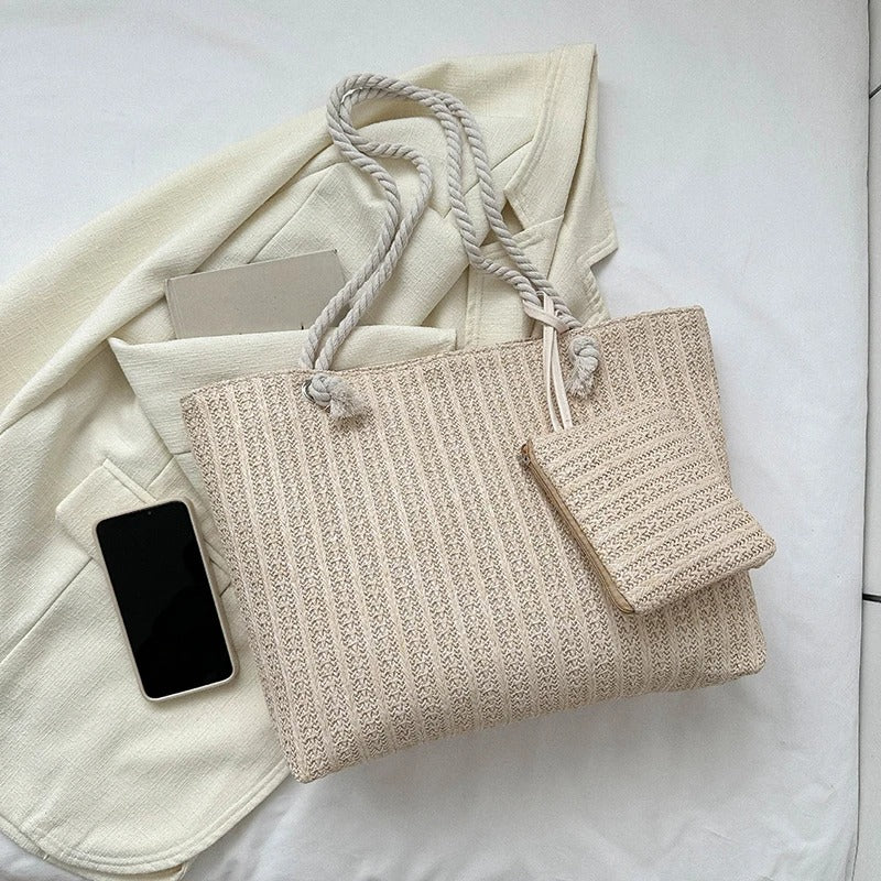 woven summer straw tote bag with mini purse, view 3 - MRSLM