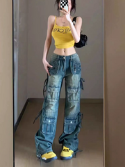 women's multi-pocket washed drawstring bootcut jeans, view 3 - MRSLM