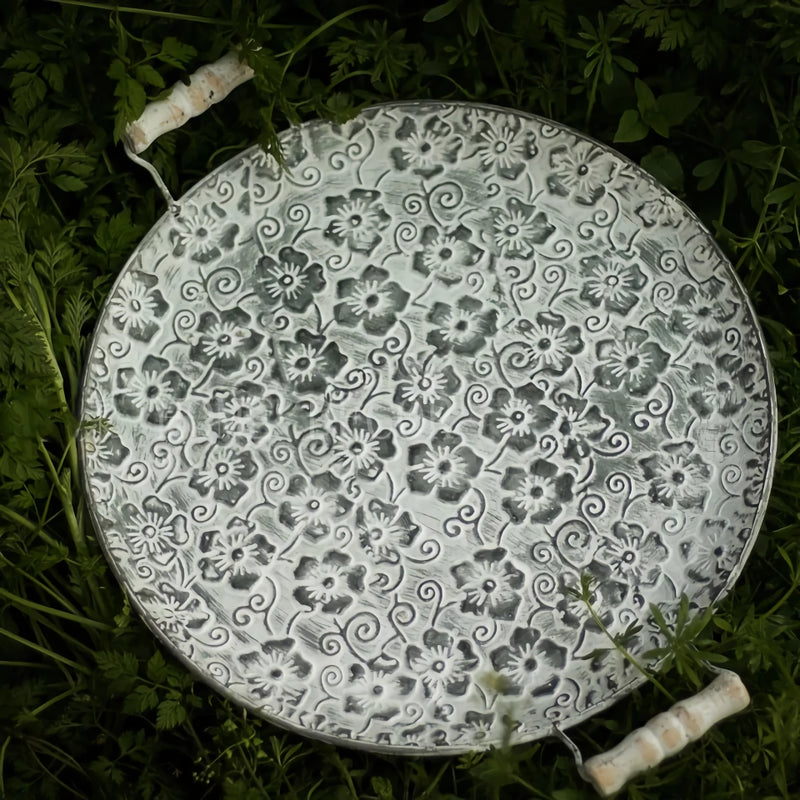 round metal antique serving tray, view 5 - MRSLM