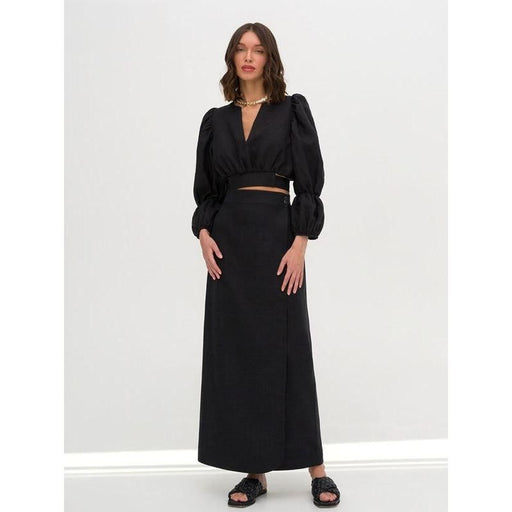 linen two-piece set with crop shirt and skirt, view 2 - MRSLM