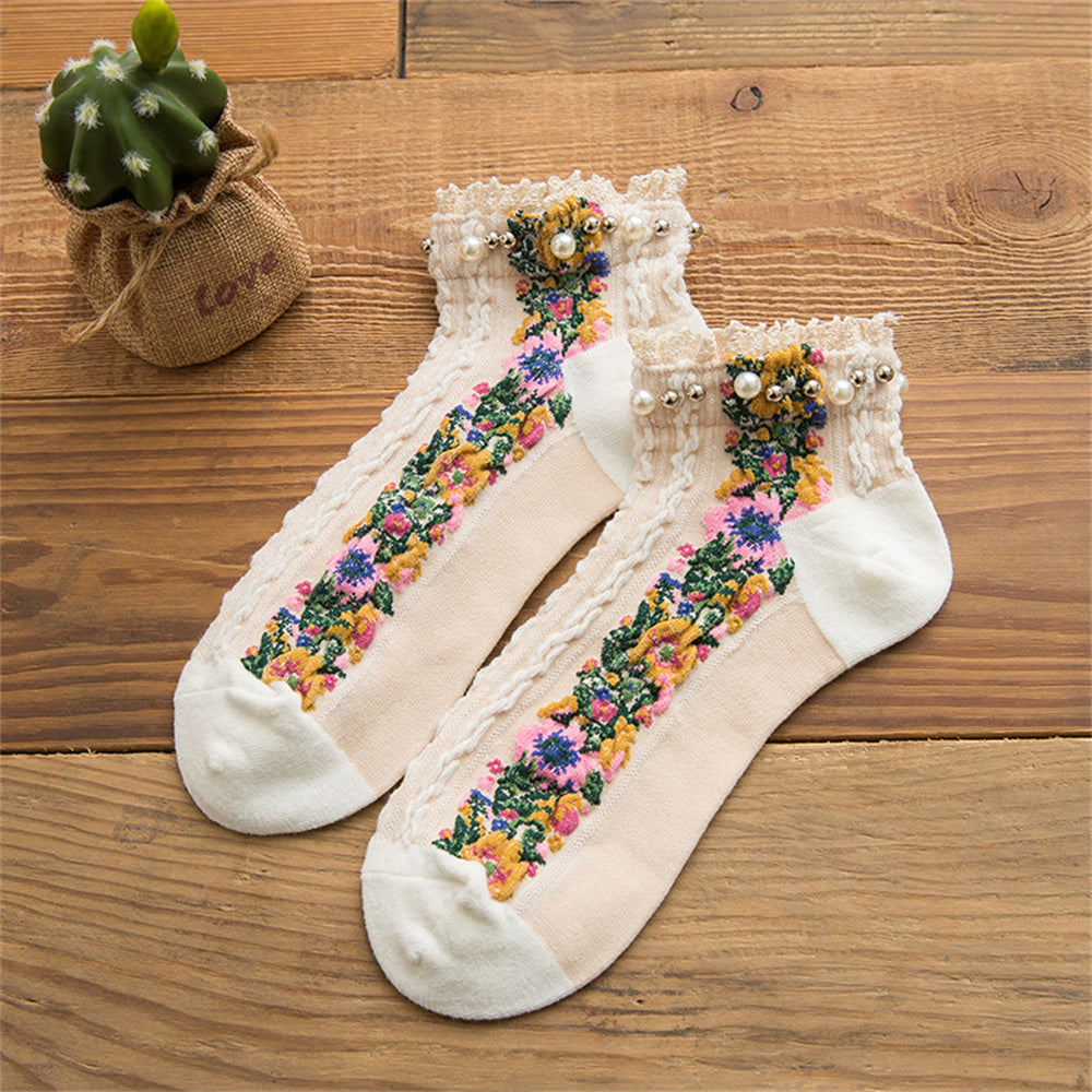 Retro Lolita Floral Pearl Ankle Socks