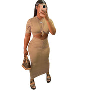 pleated short sleeve top and skirt dress set, view 7 - MRSLM