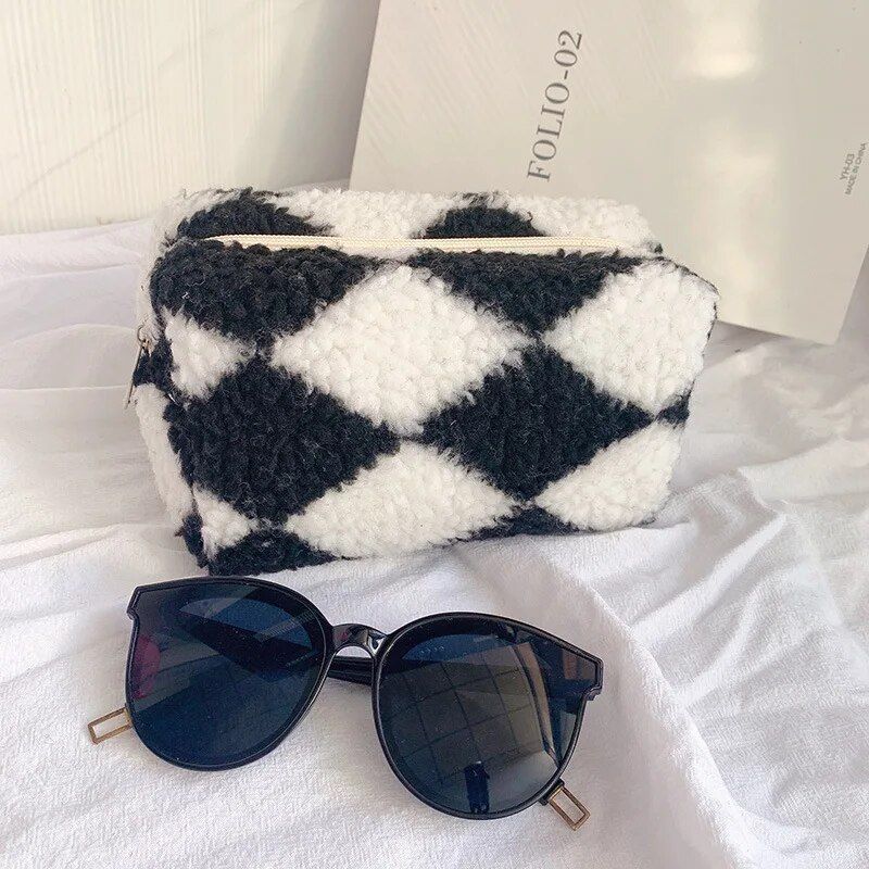 plush plaid barrel makeup bag, view 4 - MRSLM