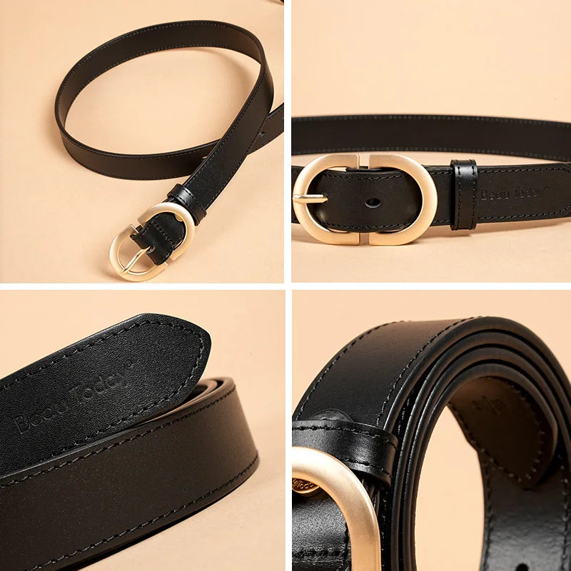 Women's cow leather belt with retro oval buckle, view 8 - MRSLM