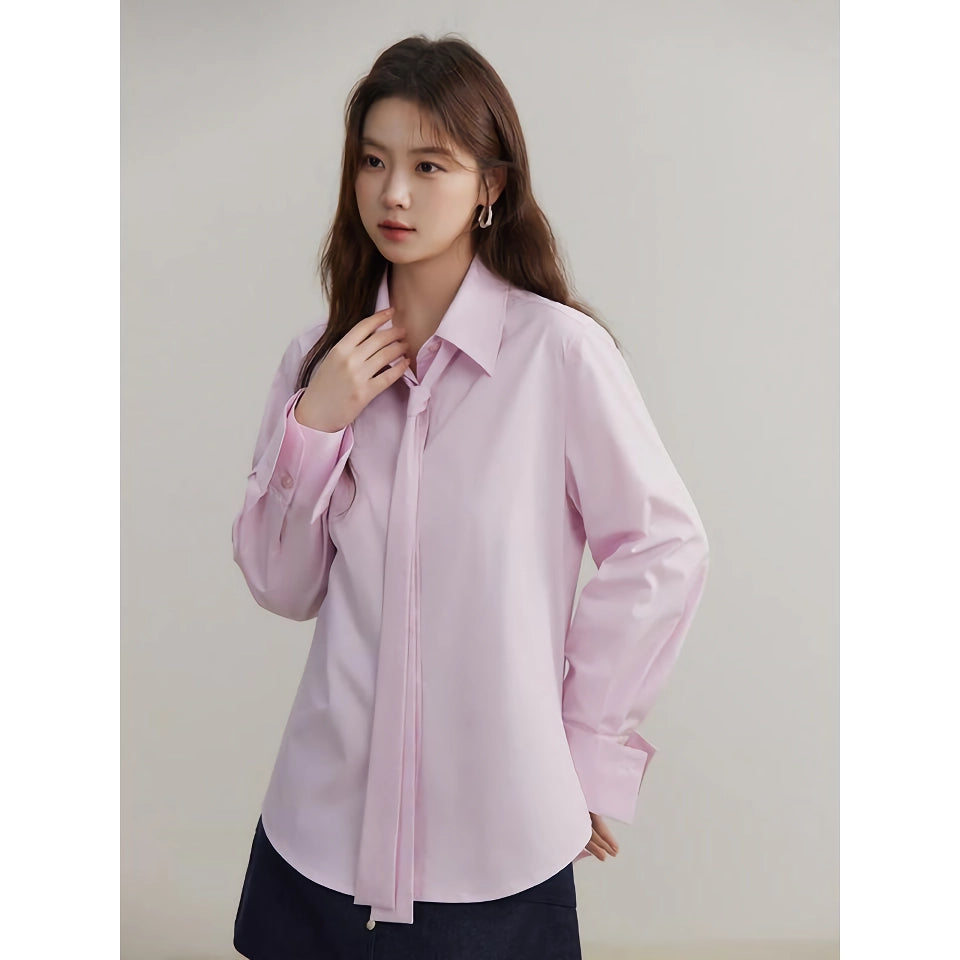 Elegant Cotton Long-Sleeved Blouse with Detachable Ribbon
