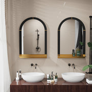 arched black and gold wall mirror with shelf, view 3 - MRSLM