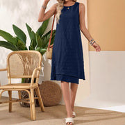 Women's navy sleeveless round neck dress, view 4 - MRSLM
