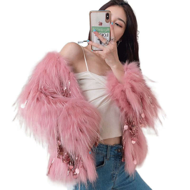 long faux fox fur tassel coat, view 5 - MRSLM