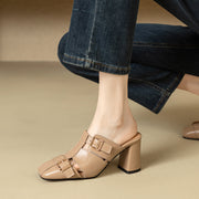 Embroidered leather high heel slippers, view 24 - MRSLM