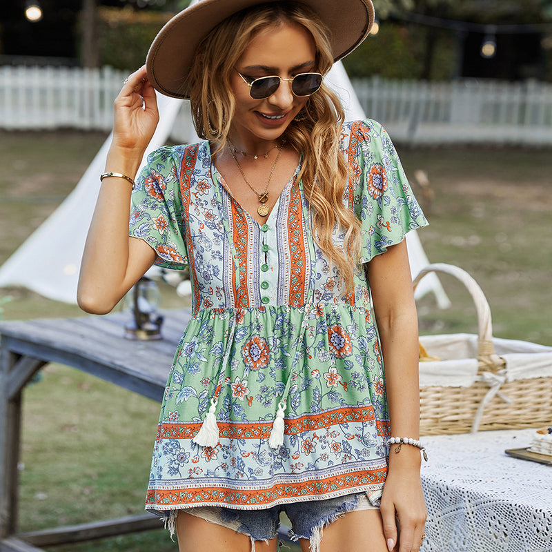 women's bohemian printed vacation top, view 3 - MRSLM