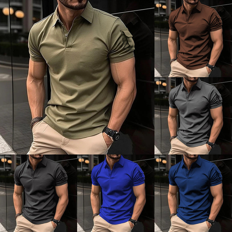 Summer Men's Lapel Button Short Sleeve Pocket Sweatshirt
