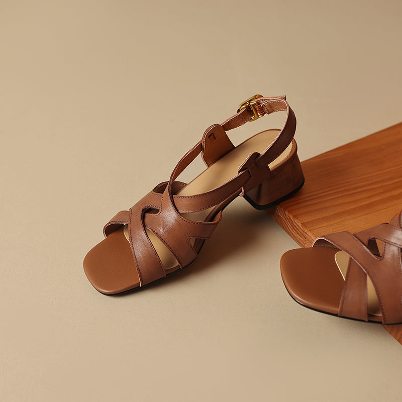 square toe chunky heel leather sandals, view 7 - MRSLM
