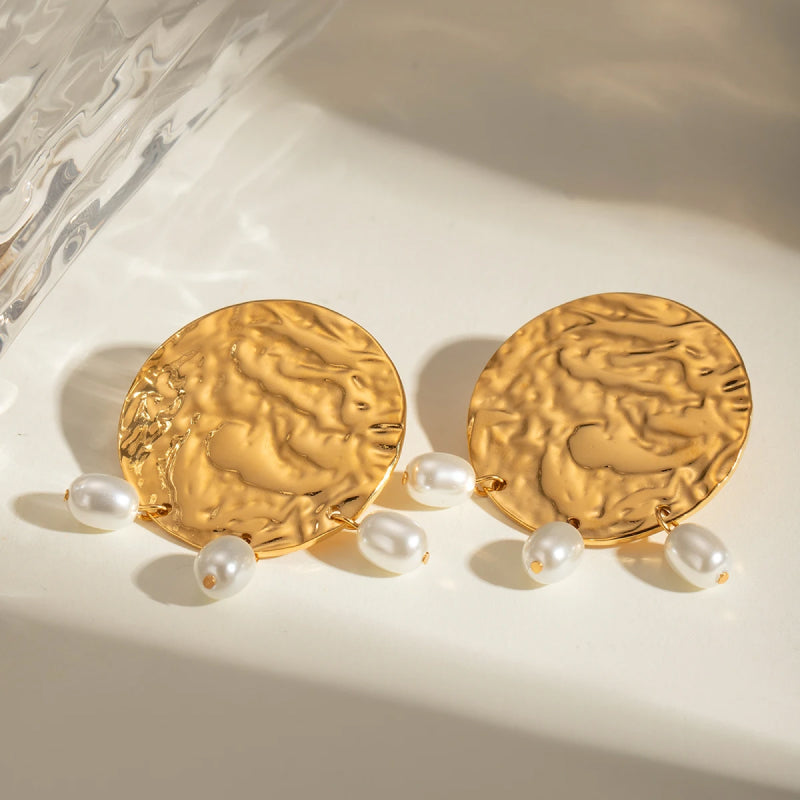 retro gold plated hammered pearl earrings, view 6 - MRSLM