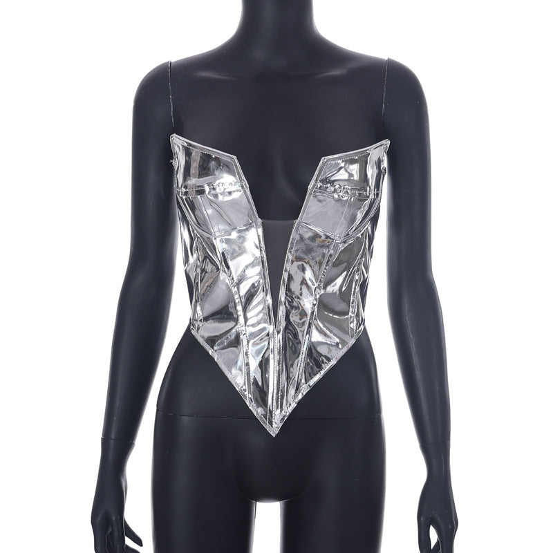women's deep v mesh zipper slim top, view 4 - MRSLM