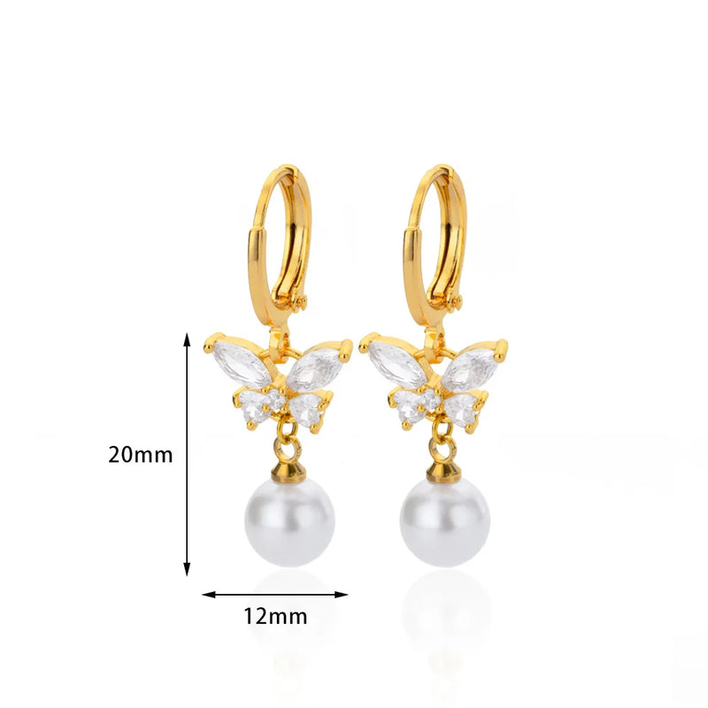 butterfly imitation pearl dangle earrings, view 3 - MRSLM