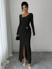 women's knit long dress with irregular neckline, view 8 - MRSLM