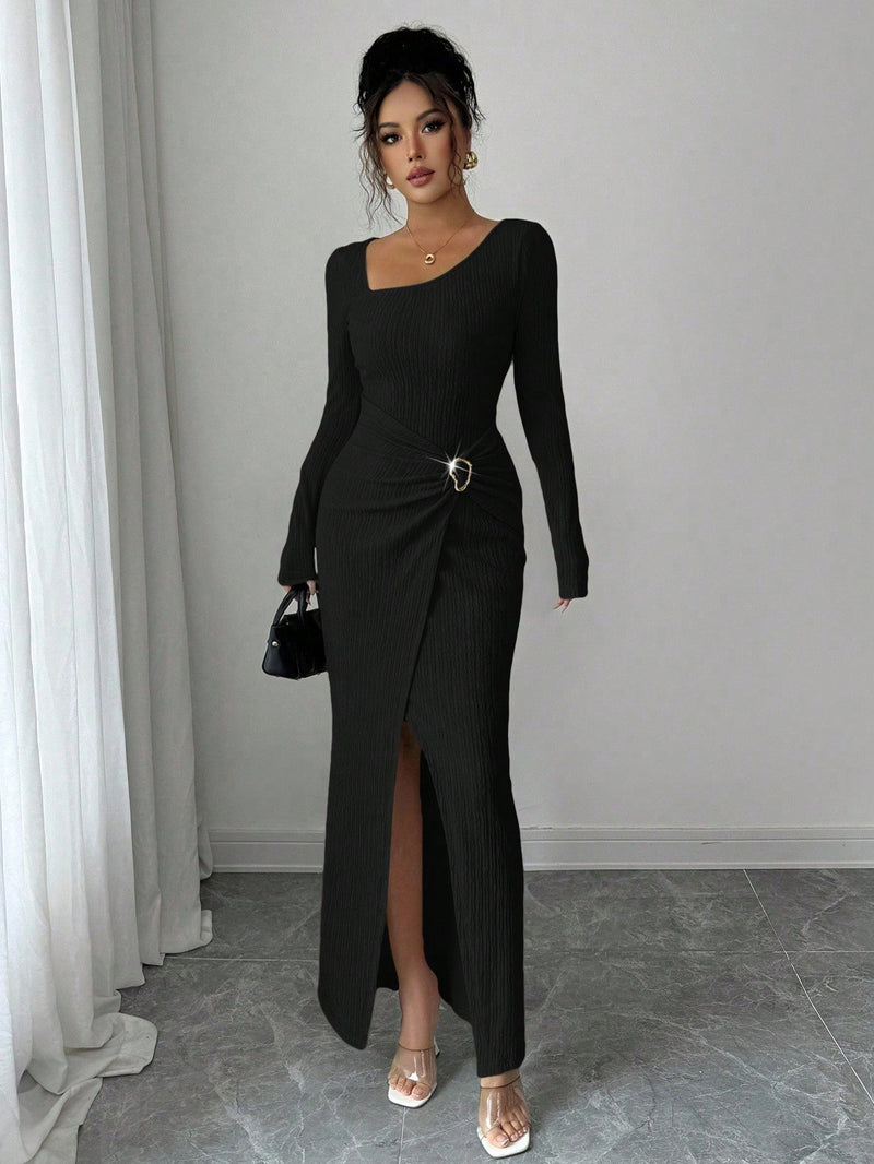 women's knit long dress with irregular neckline, view 8 - MRSLM