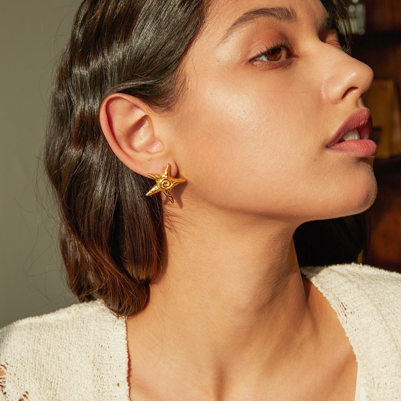 gold star spiral stud earrings, view 8 - MRSLM