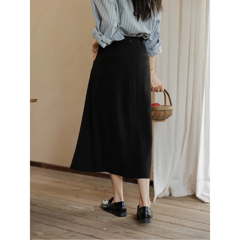 High waist pleated A-line skirt with belt, view 8 - MRSLM