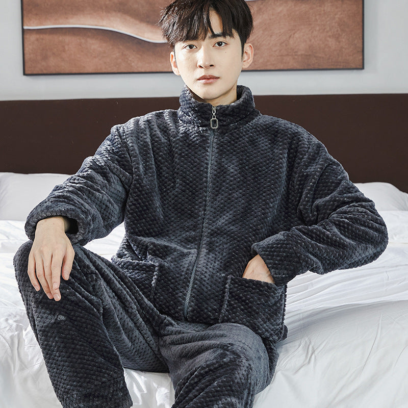 Men's fleece-lined flannel pajama set, view 3 - MRSLM