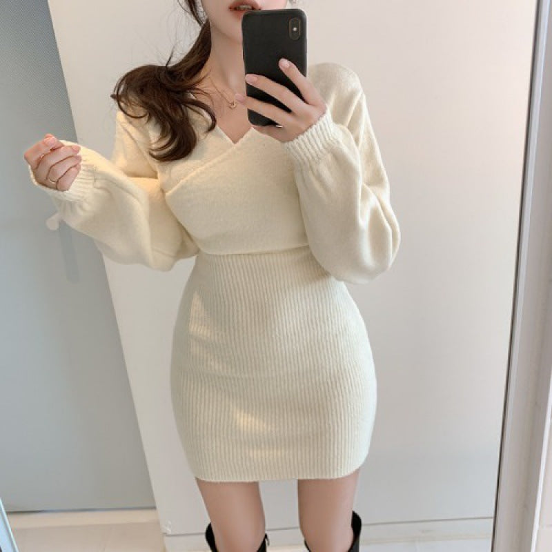 cross v-neck knitted sweater dress, view 7 - MRSLM