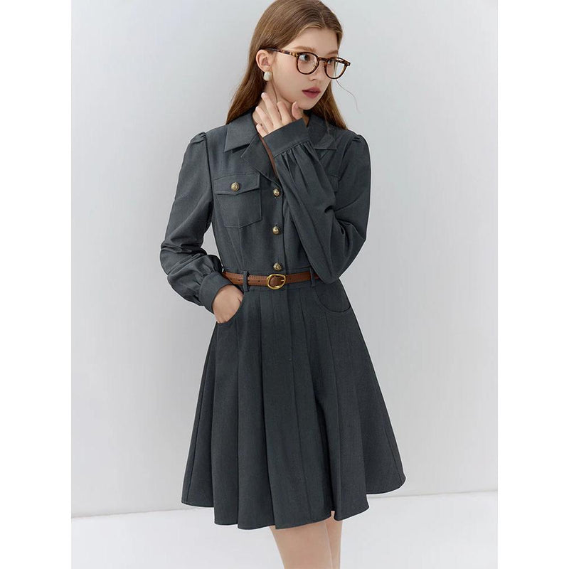 Elegant grey belted suit dress, view 3 - MRSLM