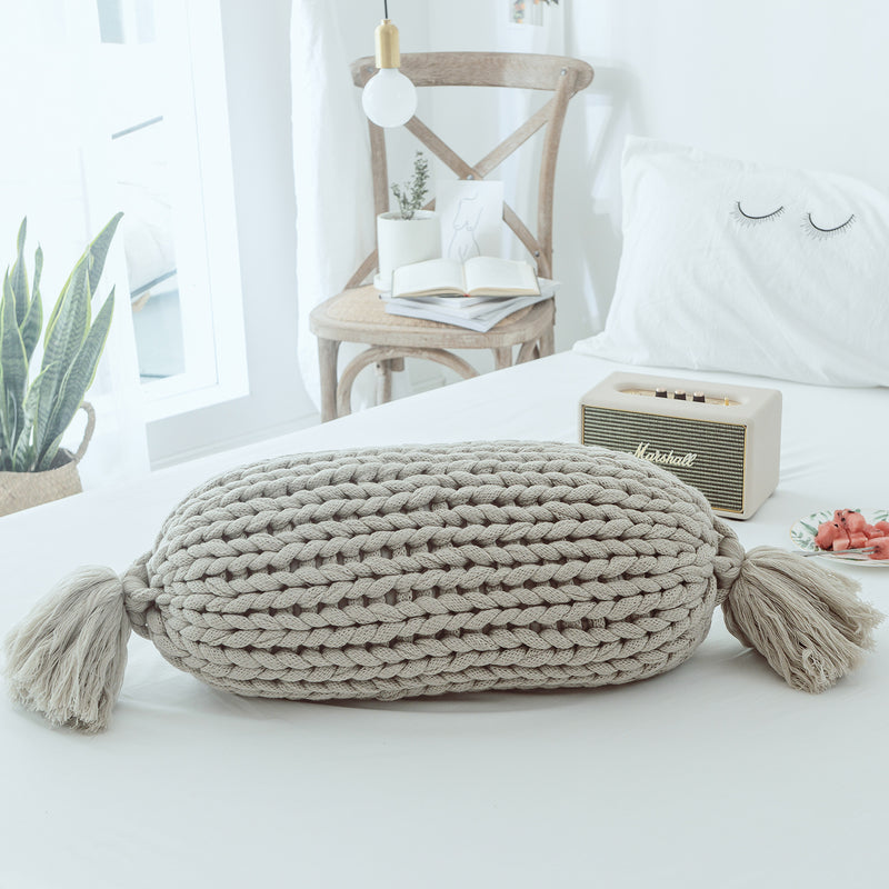 candy shape chunky knit pillow with tassels, view 3 - MRSLM