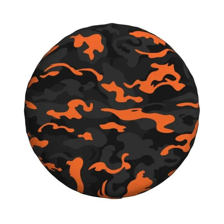 Rugged Camo Spare Tire Cover – Black Orange Camouflage Wheel Protector for Off-Road and Outdoor Vehicles