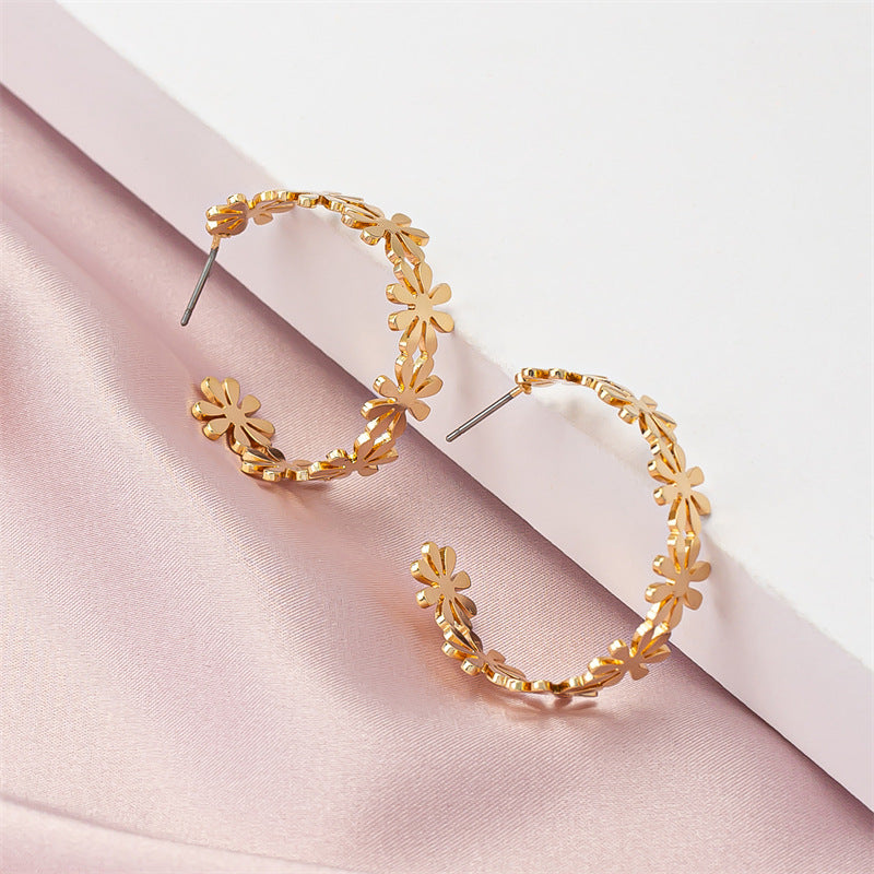 golden C-shaped flower drop earrings, view 5 - MRSLM