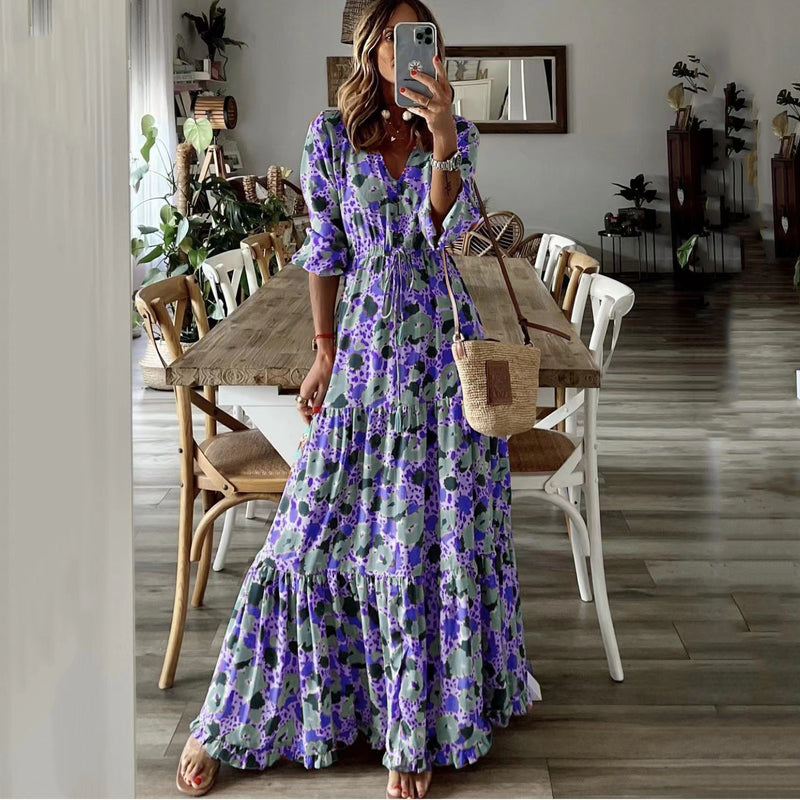 women's v-neck printed swing long dress, view 4 - MRSLM